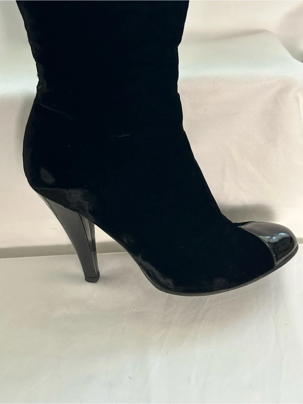 CHANEL Black Velvet Patent Leather Knee High Boots EU 36.5